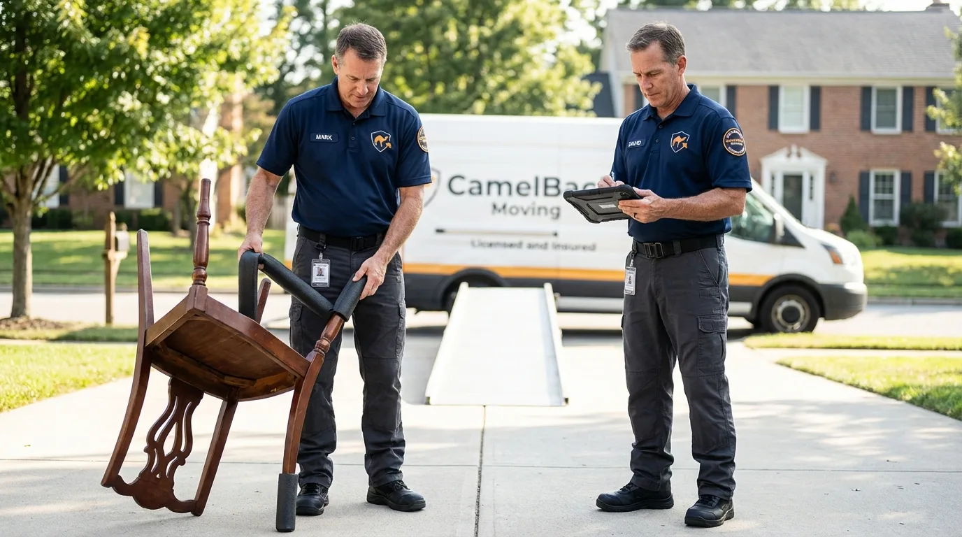 Movers inspecting furniture for damage prevention before loading in Antioch, CA